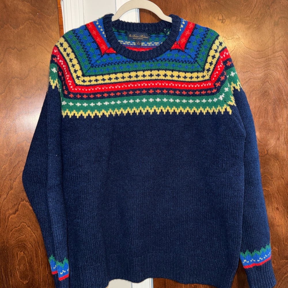 Brooks Brothers Navy Multicolor 100% Lambs Wool Crewneck Sweater